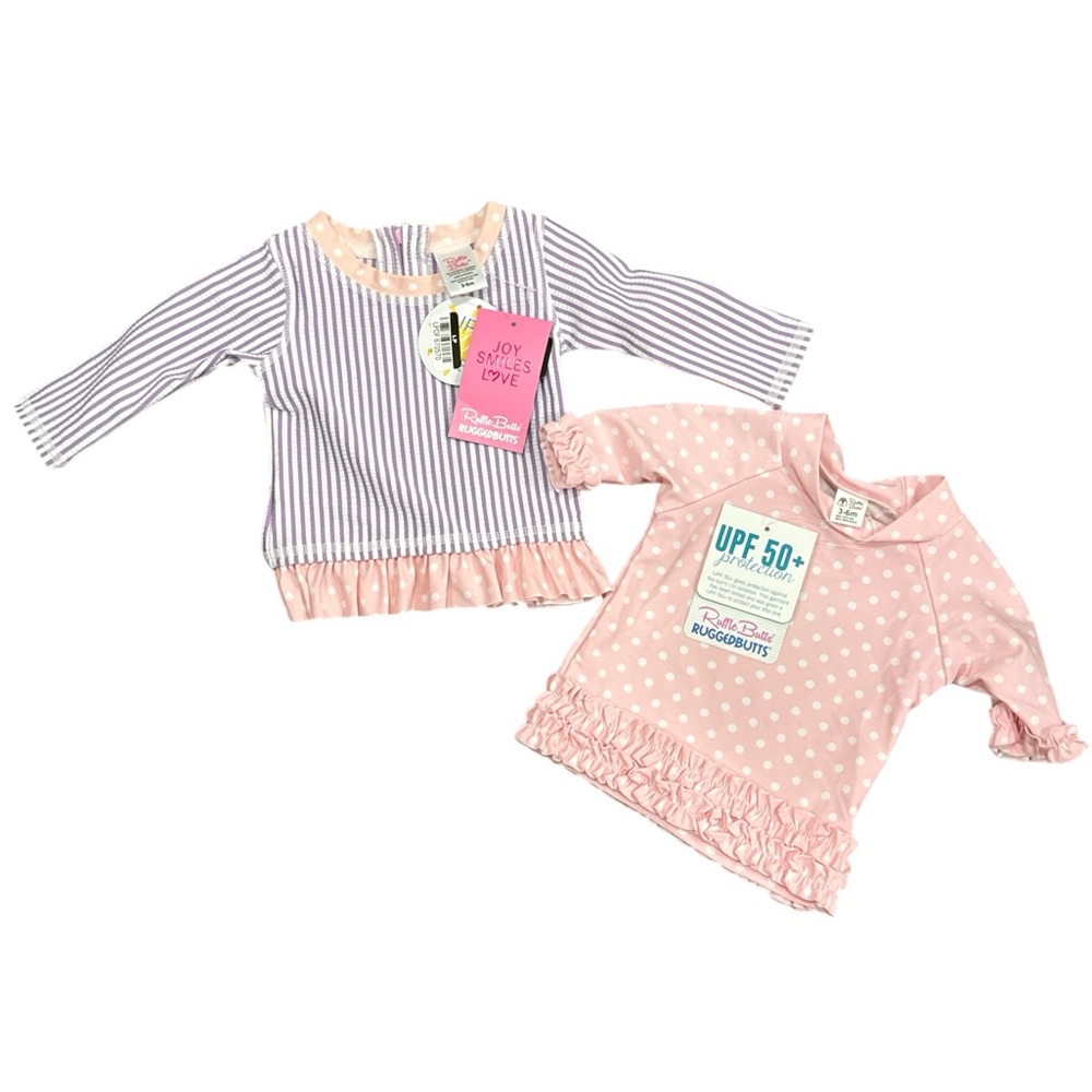 NWT Ruffle Butts Pair Ruffled Rash Guards SPF Seersucker Polka Dot 3-6 Months - Picture 1 of 6
